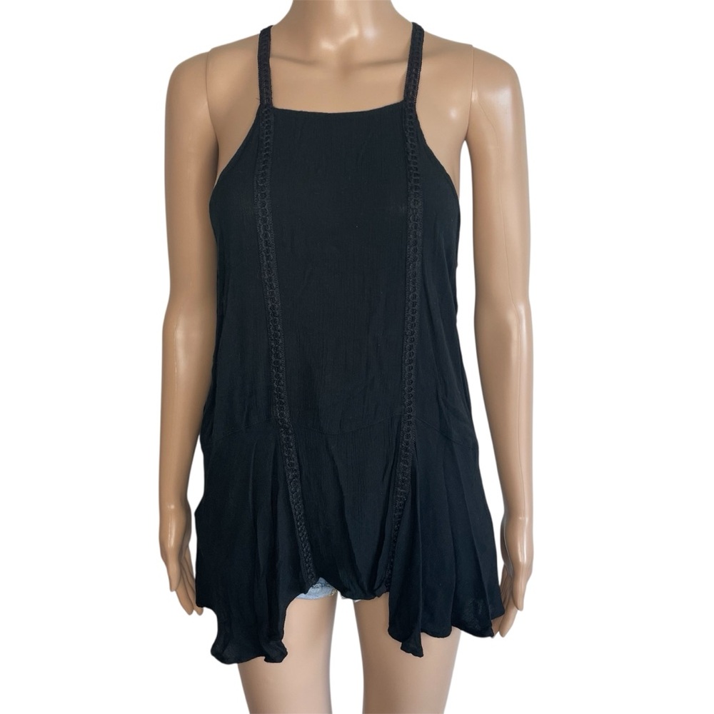 Hollister Solid Black High Neck Keyhole Back Flowy Boho Pullover Tank Top